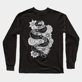 Snake with Flowers Black and White Drawing Long Sleeve T-Shirt